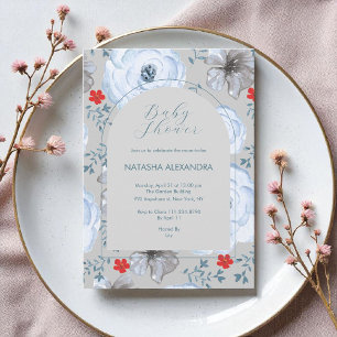 Blått Silver Blommigt, babykläder, Elegant Boho Inbjudningar