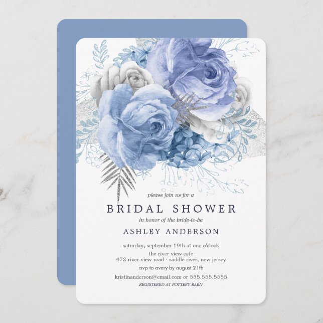 Blått & Silver, Blommigt, Möhippa Inbjudningar (Fram/baksida)