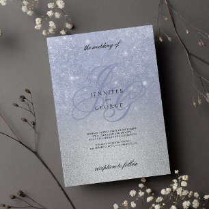 Blått silver-monogrammet, första ombre glitter brö inbjudningar