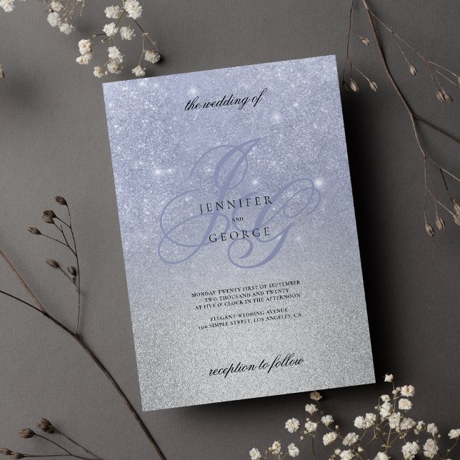 Blått silver-monogrammet, första ombre glitter brö inbjudningar (Blue silver monogram initial ombre glitter wedding)