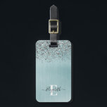 Blått, Silver-monogramskript i Metall Bagagebricka<br><div class="desc">Anpassa bagagetaggen med ditt monogram namn. Bakgrunden är ett blåborstat metall med silver leopard glitter. Monogram namn på framsidan med typsnitt och adress och mobilt nummer på baksidan. Designad av Blackberry Boulevard.</div>