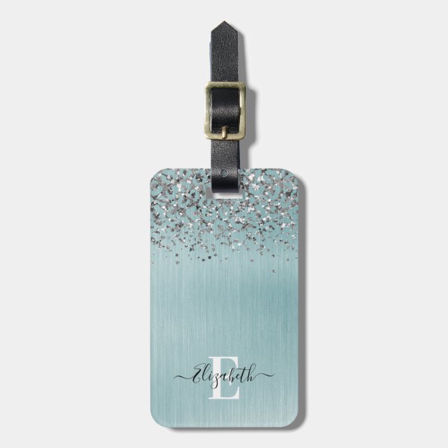 Blått, Silver-monogramskript i Metall Bagagebricka (Vertikal Framsida)