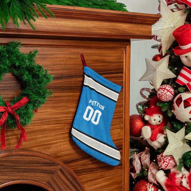 Blått-, silver-, svart- & vitfotbollslag liten julstrumpa (Skapare uppladdad)