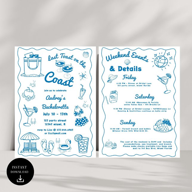 Blått sista popup på Kusten Bachelorette Helg Inbjudningar (Skapare uppladdad)