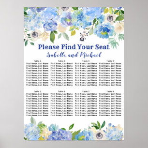 Blått sittdiagram för Blommigt 8-Bord Bröllop Poster