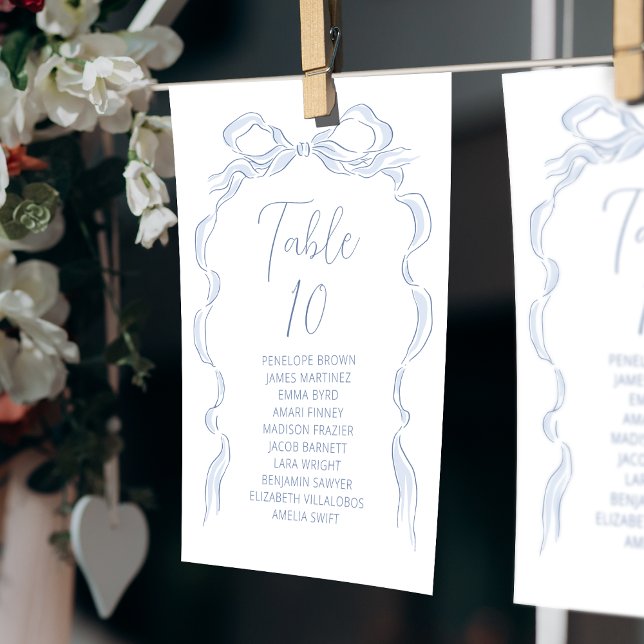 Blått sittdiagram för Bordsnumret Hand plockade Inbjudningar (
Blue Hand Drawn Bow Table Number seating chart)
