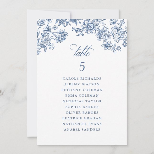 Blått sittplatskort för blommigtens Elegant, Vinta Inbjudningar (Framsida)