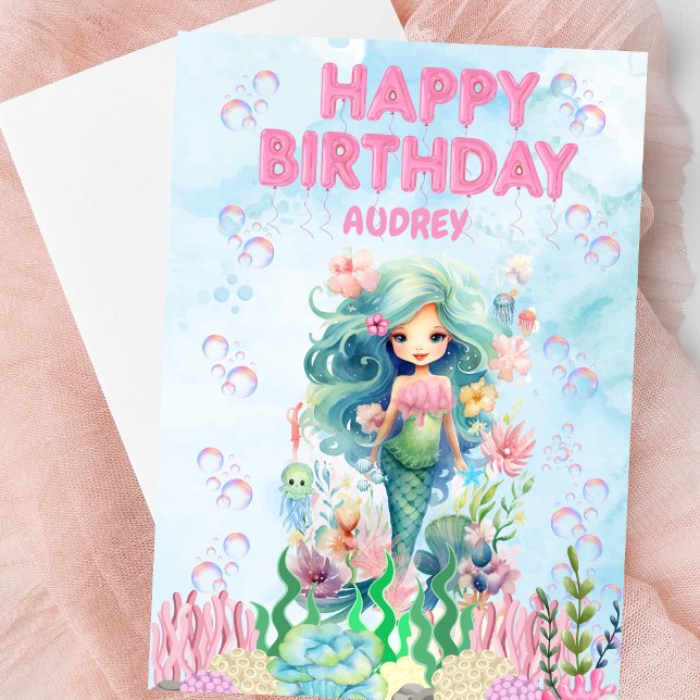 Blått Sjöjungfru Grattis på födelsedagen-kort för  Kort (Personalized Mermaid Happy Birthday Card)