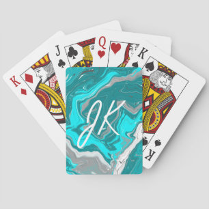 Blått, skalat och turkos Marble Fluid Art Monogram Casinokort