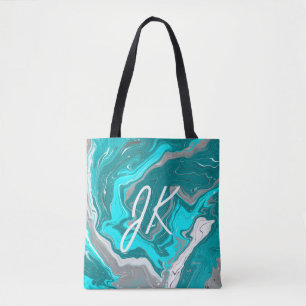 Blått, skalat och turkos Marble Fluid Art Monogram Tygkasse