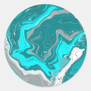 Blått, skalat och turkos Marble Fluid Art Runt Klistermärke