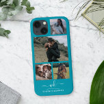 Blått Skapa ditt eget 4 fotokollage Monogram<br><div class="desc">Elegant Monogrammed Blue Photo Collage iPhone 13 Fodral - Behåll 4-fotokollage med en anpassningsbar calligraphy monogram-mall för ditt för- och efternamn initialer och fullt under skiljelinjen på blå bakgrund.</div>