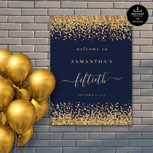 Blått skript i guld Glitter Välkommen 50:e Party Poster