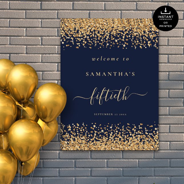 Blått skript i guld Glitter Välkommen 50:e Party Poster (Skapare uppladdad)