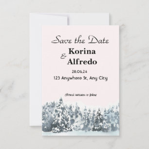 Blått snöigt akvarellvinter Save the Date-kort Spara Datumet