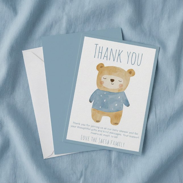 Blått sömnig Bear Baby Shower Cute-tack Tack Kort (Blue sleepy Bear Baby Shower Cute thank you.)