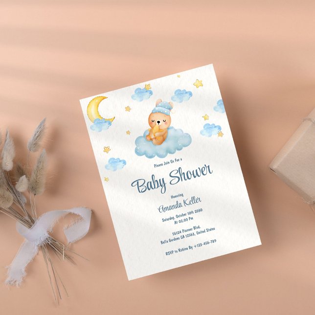 Blått Sömnig Bear Baby Shower-inbjudan Inbjudningar (Skapare uppladdad)