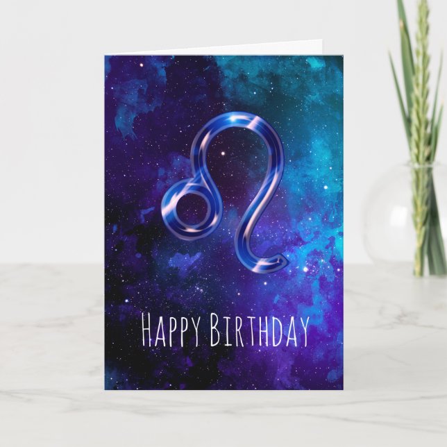 Blått space Leo Birthday Card Kort (Framsida)