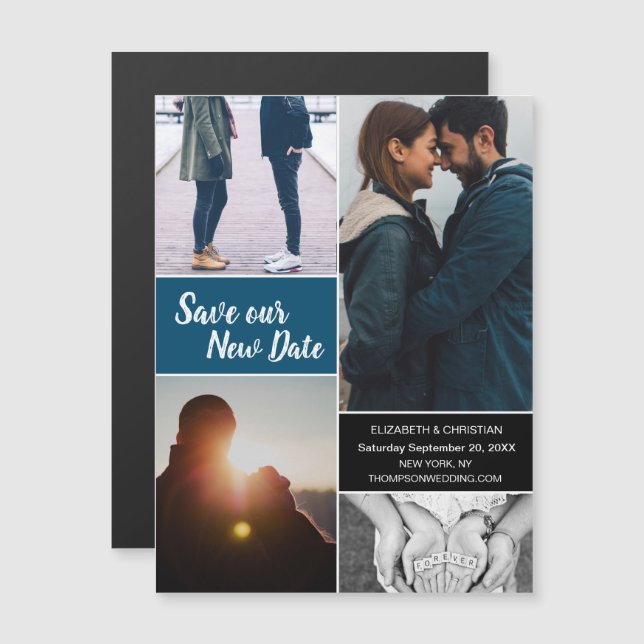 Blått Spara vår nya datumfoto Ändra datum Magnetisk Inbjudningskort (Fram/baksida)