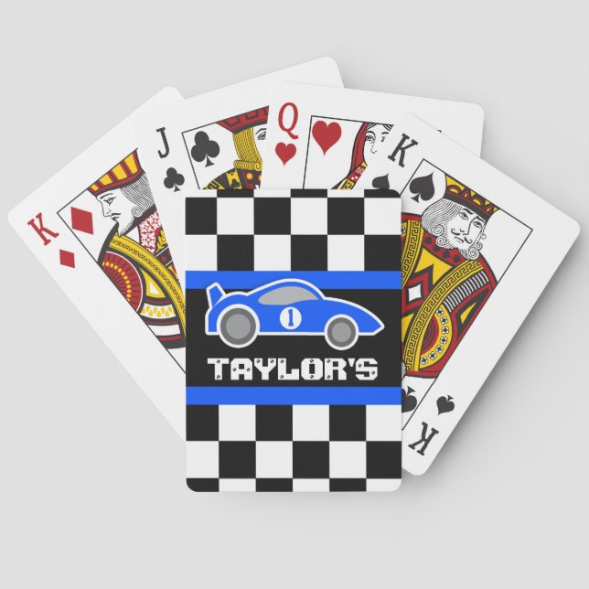 Blått sportbil för bilkörning i namn kortlek (Baksidan)