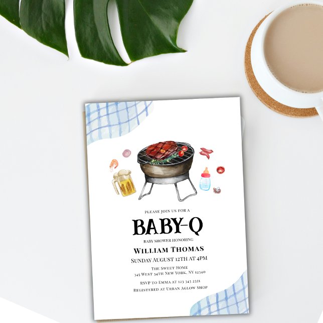 Blått stift Retro Baby Q Baby Shower för Land Inbjudningar (Blue Plaid Retro Country Baby Q Baby Shower Invitation)