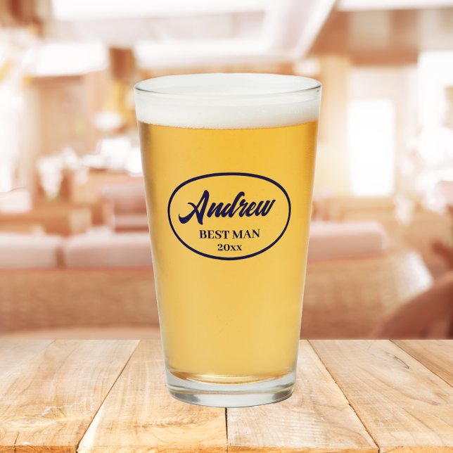 Blått stiliserat Namn Bröllop Best Man Glaskopp (In Situ Table)