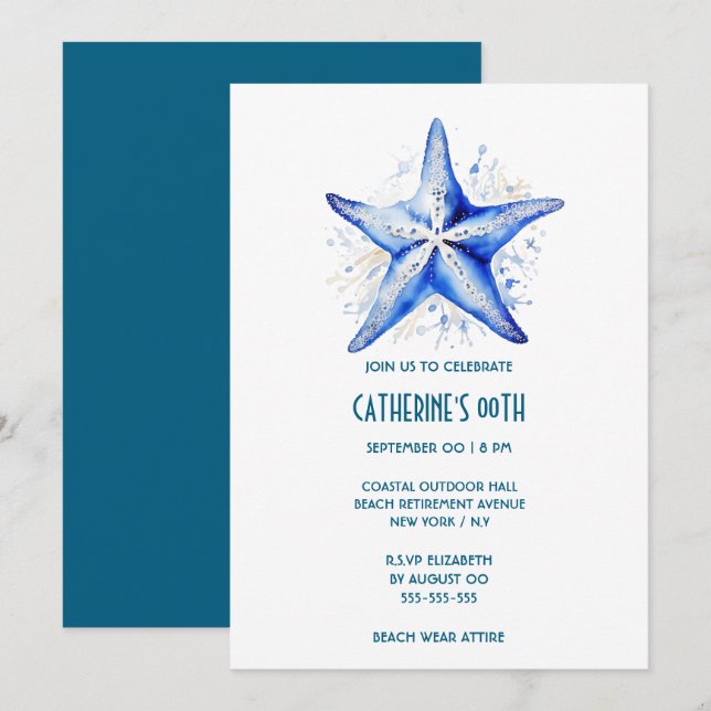 Blått strandtema för stjärnfisk inbjudningar (Fram/baksida)