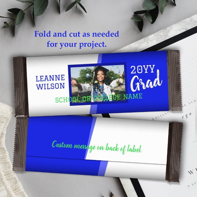 Blått Studenten Anpassningsbar Candy Pub Wrapper Flygblad (royal blue school colors graduation personalized candy bar wrapper, diy chocolate bar label for grad)