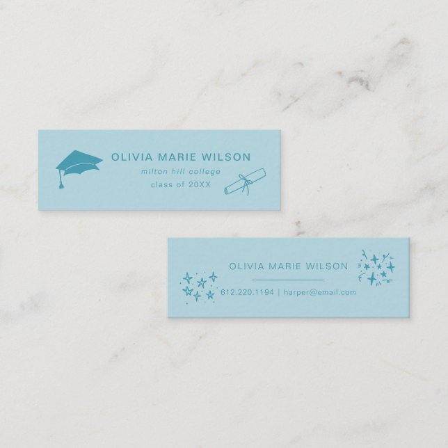 Blått Studenten-ikonkort för Namn Mini Visitkort (Fram/baksida)