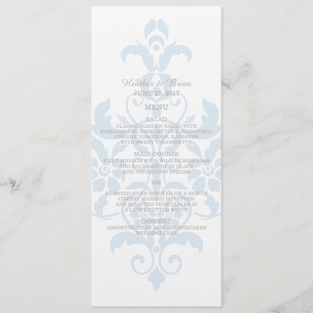 Blått, subtilt Damask Wedding Menu Meny (Framsida)
