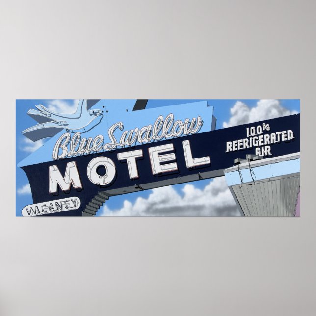 Blått Svälj motel på väg 66 Retro-Poster Poster (Framsidan)