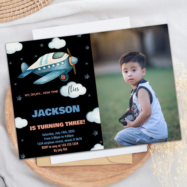 Blått svart foto på flygplanet inbjudningar (Airplane Birthday Invitations Blue Black w Photo)