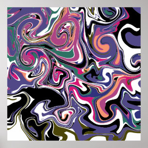 Blått, svart, korall, Vita Swirls Marble like Art  Poster