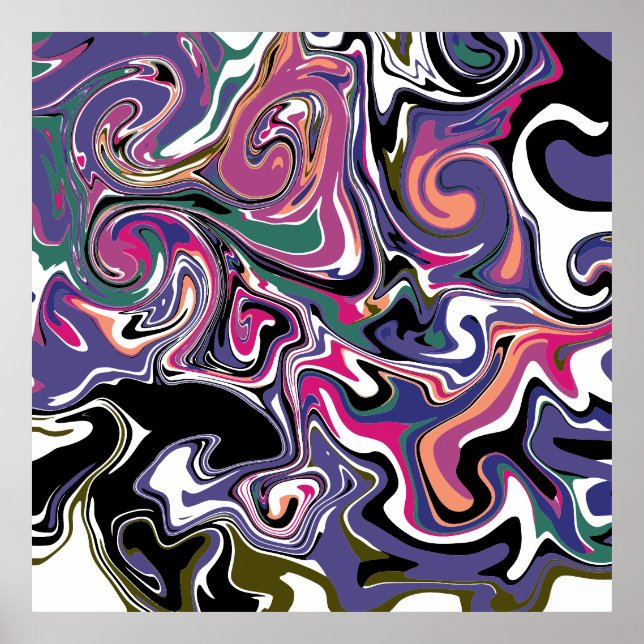 Blått, svart, korall, Vita Swirls Marble like Art  Poster (Framsidan)