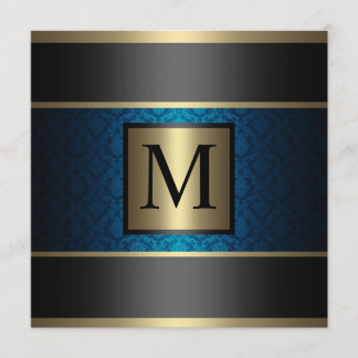 Blått, svart och guld för Monogram damastast Inbjudningar