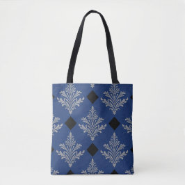 Blått, svart och Silver-tote Bag Damask Stil Tygkasse