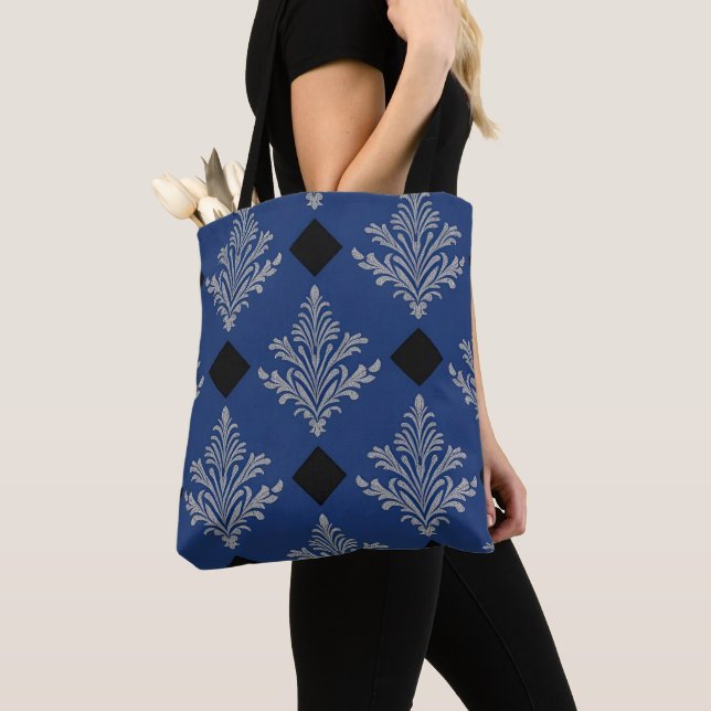 Blått, svart och Silver-tote Bag Damask Stil Tygkasse (Närbild)