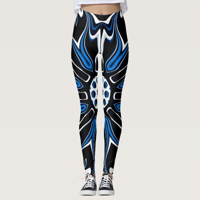 Blått, svart och vitt Estlands blomkonst Leggings (Framsida)