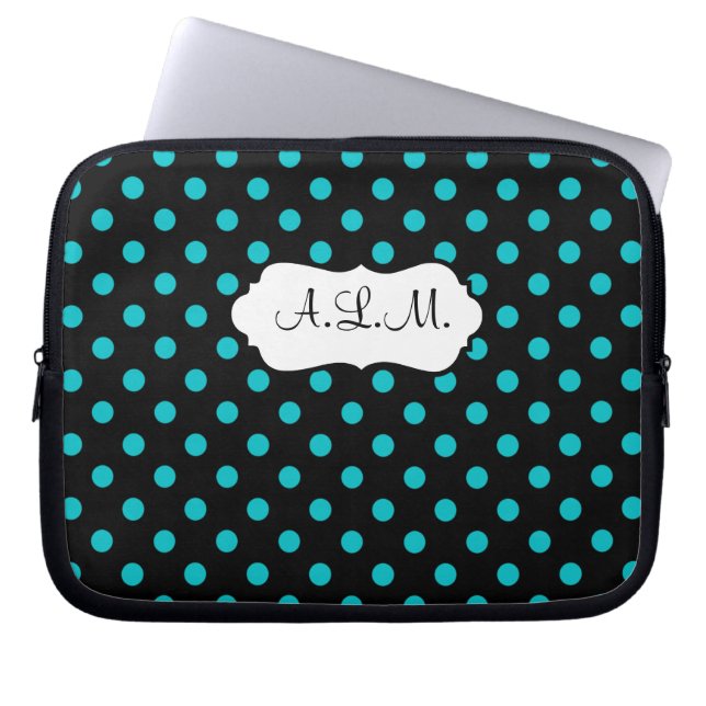 Blått, svart, Vita Polka dots Laptop sleeve (Framsidan)