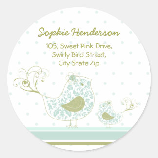 Blått Swirly Mamma & Baby Bird Address Label-etike Runt Klistermärke