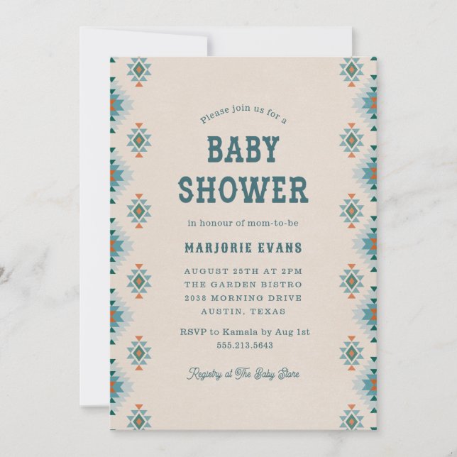 Blått sydvästligt Aztec-mönster Babyshower Inbjudningar (Framsida)
