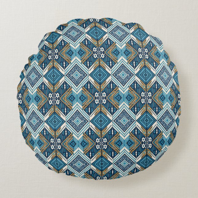 Blått symmetriskt Boho-mönster 18583 b xl Rund Kudde (Framsidan)