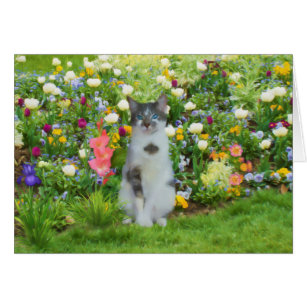 Blått synad katt bland blommorna hälsningskort