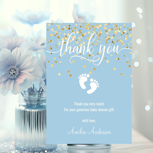 Blått TACK för babyskor i Guld BOY | FOTO Kort (Simple Blue Gold THANK YOU Baby Shower BOY  PHOTO)