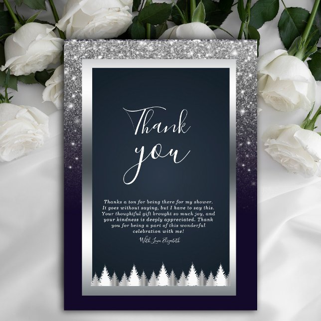 Blått Tack för mörk i Moody Silver Inbjudningar (Dark and dramatic. Our navy blue, silver, and purple floral thank you card add a touch of mystery)