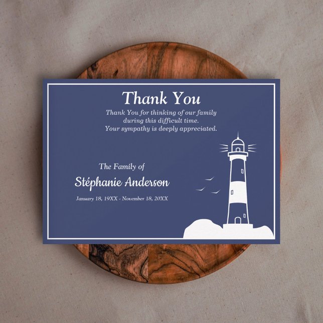 Blått Tackkort-kort för fyr Tack Kort (Lighthouse Navy Blue Funeral Thank You Note Card)