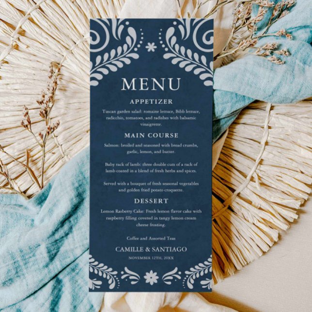 Blått talavera, mexikanskt Bröllop-menykort Meny (Blue Papel Picado Wedding Menu Card)