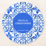 Blått talavera Spanska plattor, mongram bröllopsfö Underlägg Papper Rund<br><div class="desc">Blue Azulejo Talavera Spanska mexikanska plattor elegant bröllop gynnar underlägg som trycks med personlig i monogram,  en personlig för giftermål för giftermål i samband med giftermål i samband med giftermål i färg som ger bröllop underlägg</div>