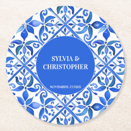 Blått talavera Spanska plattor, mongram bröllopsfö Underlägg Papper Rund