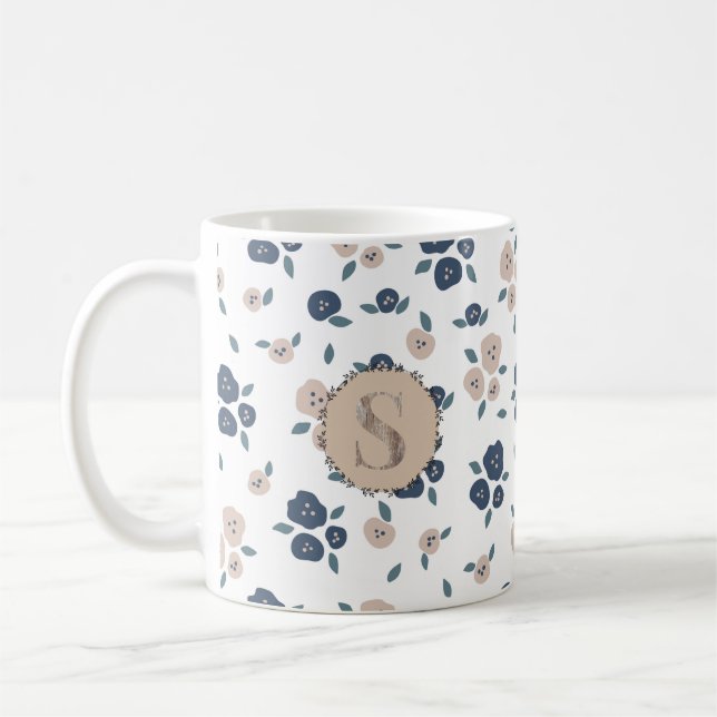 Blått Tan Löv-jordbrukshus Land Rustic Cute Kaffemugg (Vänster)